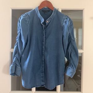 White House Black Market 3/4 length denim shirt with ruched sleeves